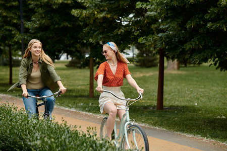 Two women on a leisurely bike ride in a green park, enjoying each other company.の写真素材