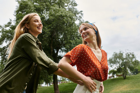 Two young women in love, laughing together on a date in a green park.
