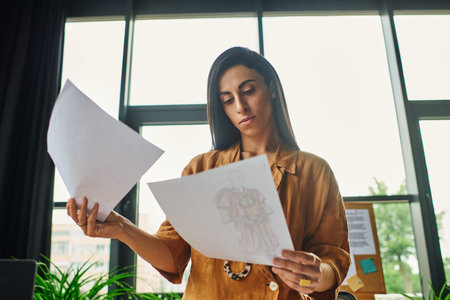 A beautiful Middle Eastern woman with brunette hair works in a bright office, reviewing documents.