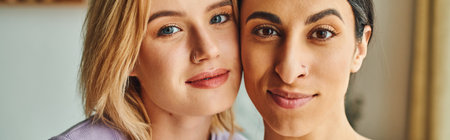 A lesbian couple, one with blonde hair and blue eyes and the other with dark hair and brown eyes, share a warm embrace in their cozy home.の写真素材