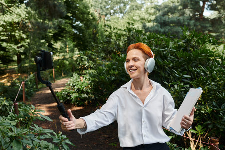 A teacher in a white shirt smiles while taking a selfie in the park.の写真素材