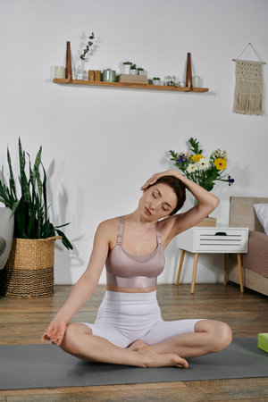 A woman in a crop top practices yoga and meditation in a modern apartment.