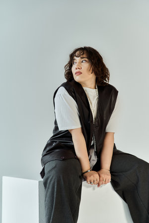 A woman in colorful clothing sits thoughtfully against a bright backdrop.の写真素材