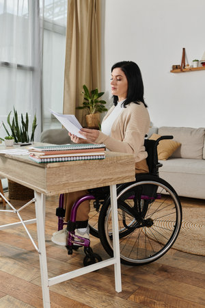 A woman in a wheelchair sits at a desk, reading documents.の写真素材