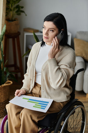 A woman in a wheelchair sits indoors and holds a phone to her ear while reviewing a document.の写真素材