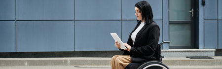 A woman in a wheelchair uses a tablet computer while seated outside a modern building.