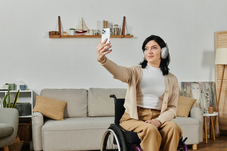 A woman in a wheelchair smiles as she takes a selfie in a comfortable living room setting.の写真素材