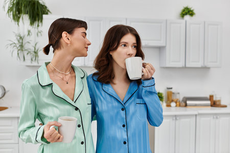 Two women in pajamas enjoy a relaxing morning together, sharing a cup of coffee and a tender moment of intimacy.の写真素材
