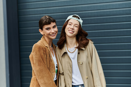 Two young women in trendy outfits, smiling for the camera in front of a city backdrop.の写真素材