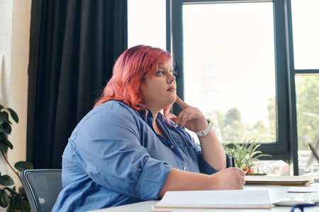 A plus size businesswoman with pink hair, wearing a blue shirt, sits at a desk looking thoughtfully off to the side.の写真素材