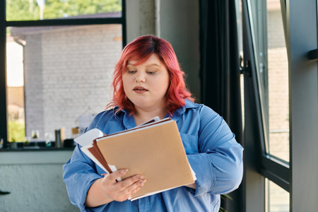 A plus size woman with red hair reviews documents in a brightly lit room.