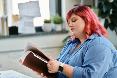 A plus size woman with pink hair reviews documents while sitting in an office.