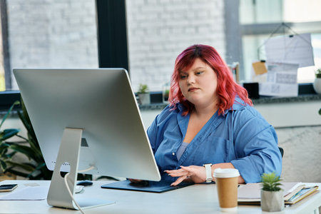A plus size woman with pink hair works at her computer.の写真素材