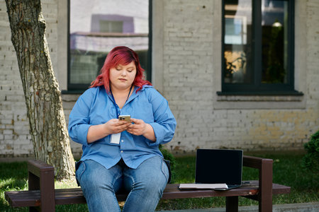 A plus size woman in blue shirt and jeans sits on bench outdoors, looking at phoneの写真素材