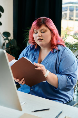 plus size woman with pink hair reviews a document at her desk.