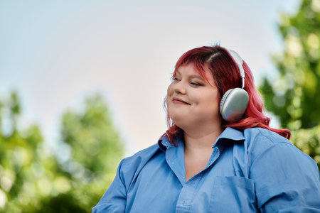 A plus size woman with pink hair smiles while listening to music outdoors.