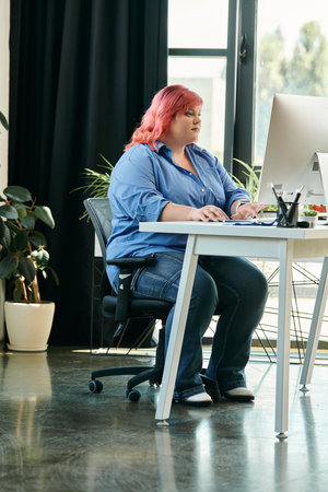 A plus size woman with bright pink hair sits at her desk, working on a computer.の写真素材