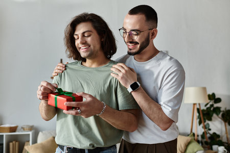 A man opens a gift from his boyfriend while standing in their home.の写真素材