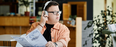 A man with Down syndrome wearing glasses and headphones reads the menu while sitting at a table in a...