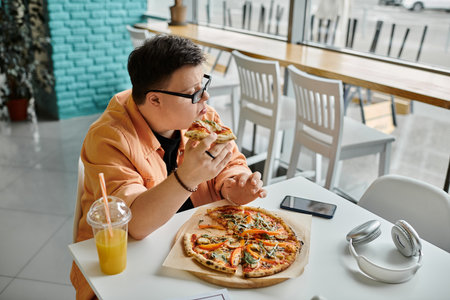 man with down syndrome eating pizza next to smartphone and headphones in cafeの写真素材