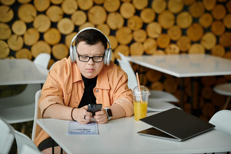 A man with Down Syndrome, wearing headphones, works on his phone while enjoying a beverage in a cafe.の写真素材