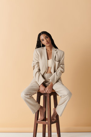 A young woman sits on a wooden stool, dressed in a beige suit, her legs crossed and her arms resting on her knees.の写真素材