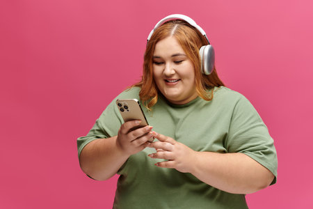 A woman in a green shirt uses her phone while wearing headphones and smiling.