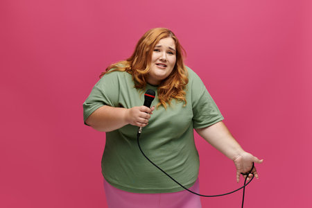 A woman sings into a microphone, her expression joyful and relaxed.の写真素材