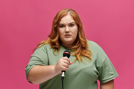 A plus size woman with red hair holds a microphone and speaks into it.の写真素材