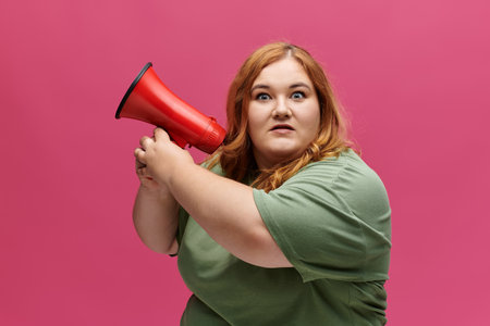 A plus size woman with reddish hair stares intently while shouting through a red megaphone.の写真素材