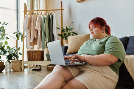A woman sits on a couch, using her laptop while enjoying time at home.の写真素材
