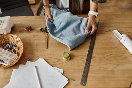 A creative woman transforms garments into new styles in her vibrant workspace.の写真素材