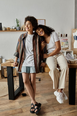 Loving couple joyfully posing, inviting workspace.