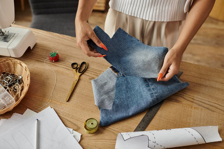 A woman joyfully transforms her old garments into new designs.