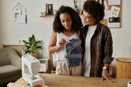 Two partners joyfully repurposing denim fabric to create unique fashion pieces.の写真素材