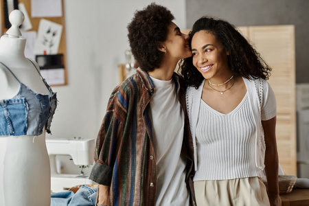 Attractive couple joyfully posing, inviting workspace.の写真素材