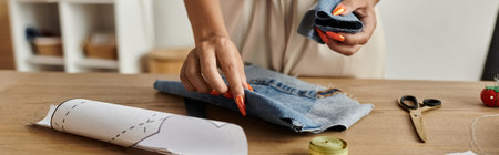 Woman joyfully transforms old garments into fresh styles at home.