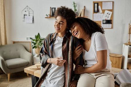 Caring couple joyfully posing, inviting workspace.の写真素材