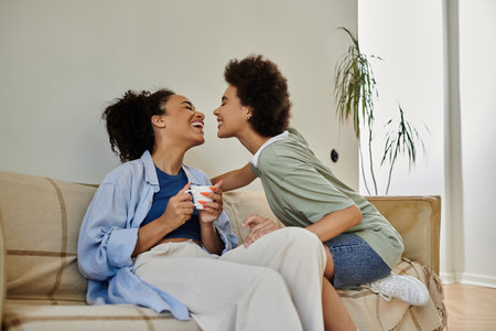 A loving couple shares laughter and warmth while relaxing on their cozy couch.の写真素材