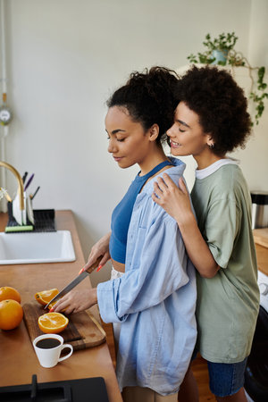A loving couple shares a delightful cooking moment in their warm kitchen.の写真素材