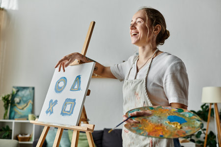 A talented woman joyfully shares her artistic passion while painting.の写真素材