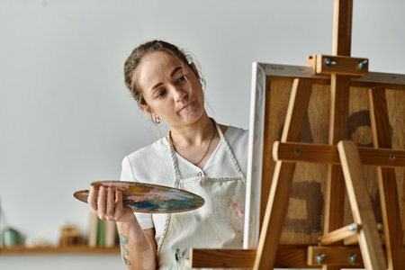 A young artist thoughtfully blends colors on her palette while painting.の写真素材