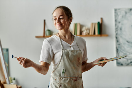 A talented woman smiles while painting in her artistic studio.の写真素材