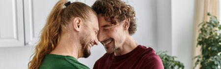 A loving couple exchanges warm smiles and intimate moments in their cozy living room.の写真素材