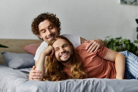 A joyful couple shares a heartfelt embrace on their serene bed.の写真素材