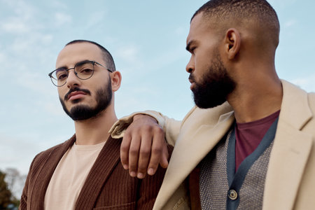 Two handsome men wear stylish autumn outfits while posing together in a picturesque field.の写真素材
