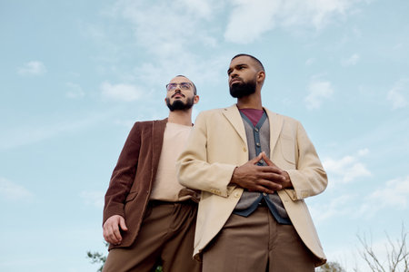 Two fashionable men display autumn styles against a picturesque field backdrop, embracing the season charm.の写真素材