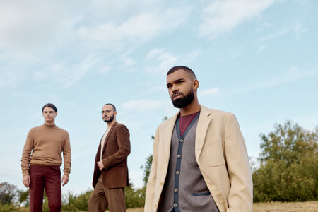 Three handsome men in fashionable autumn attire pose confidently in a tranquil field under clear...