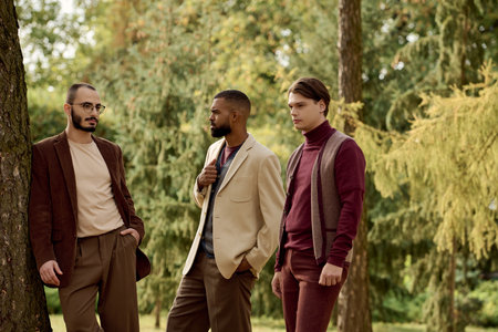 Three handsome men pose confidently in a picturesque autumn field, exuding charm and style.