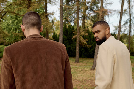 Two stylishly dressed men pose together in a beautiful autumn field surrounded by nature.
